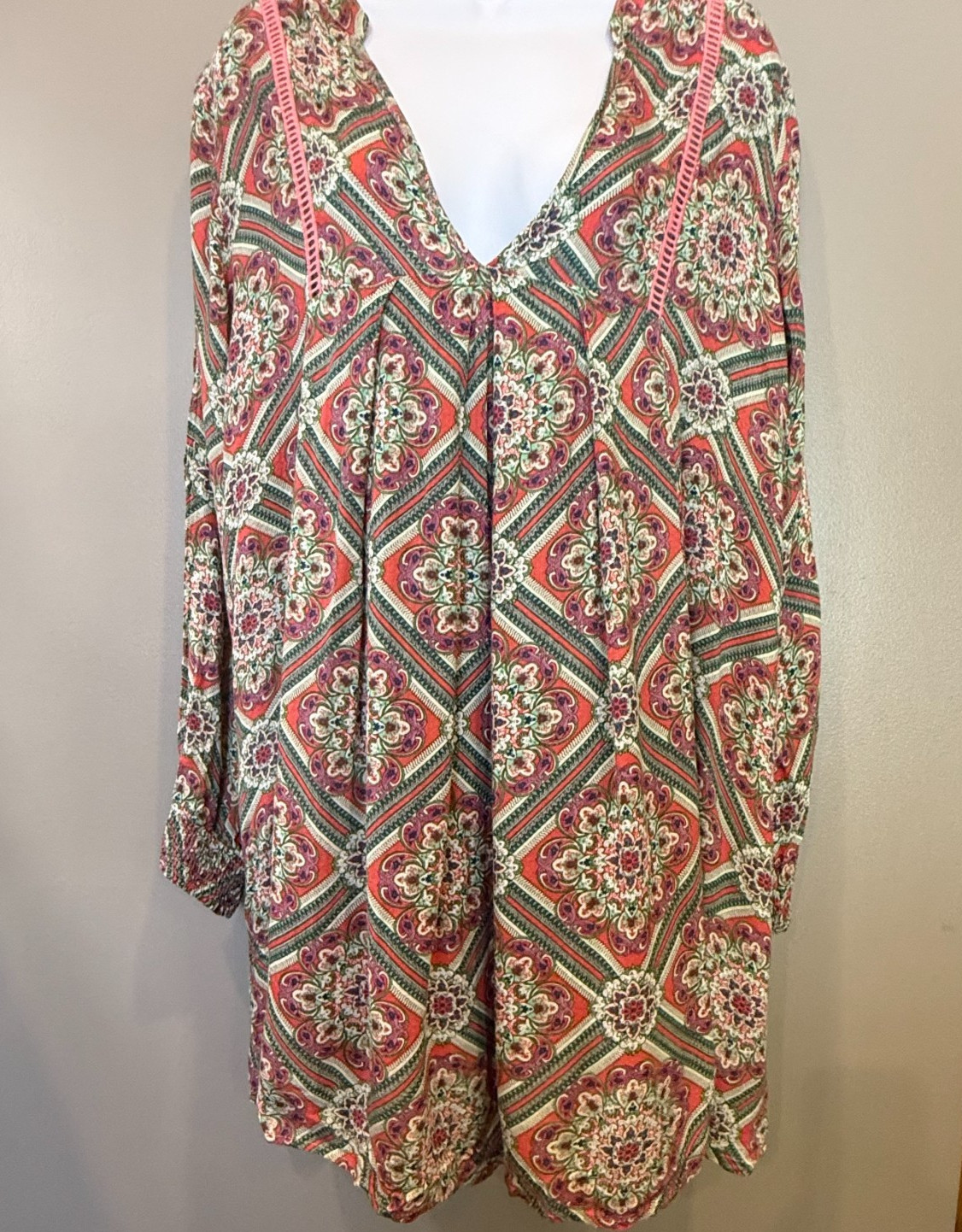 En Creme 1X Boho Paisley Print Shift Dress Pink Green Long Sleeve Plus Size