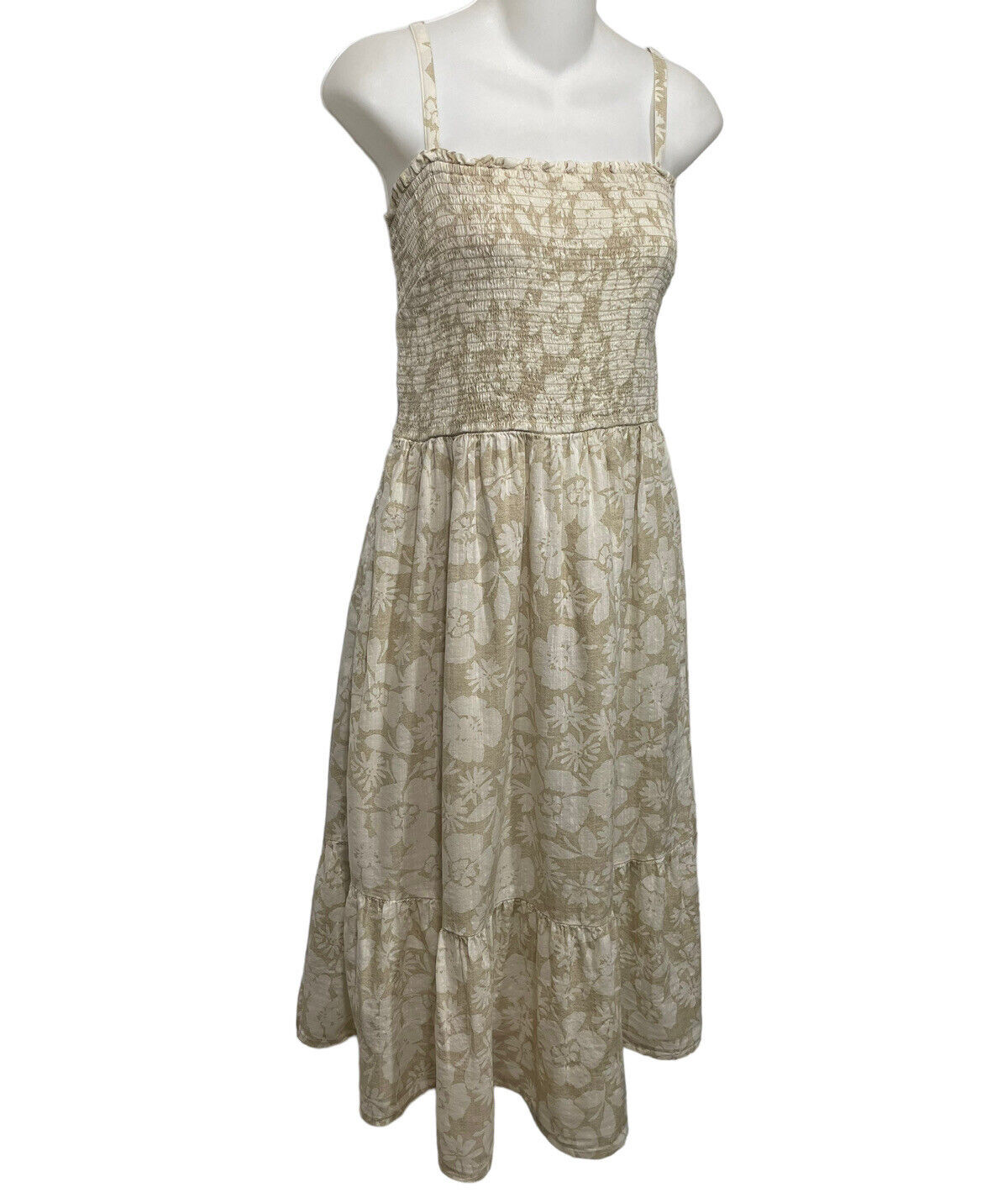 GAP Prairie Dress Large Beige White Tiered Cotton Rayon Smocked Sundress Midi L