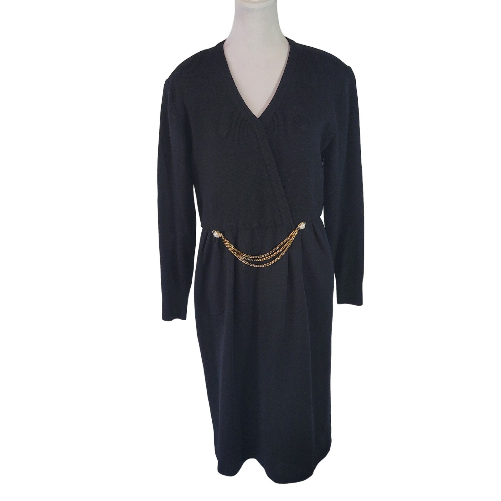 Talbots Size 8p Vintage 100% Wool Sweater Dress Pearl Chain Attached Belt