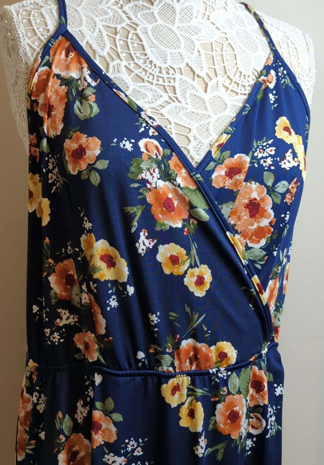 Navy Floral V-Neck Sleeveless Faux Wrap Maxi Dress Womens Sz 2XL Nine. Eight NY