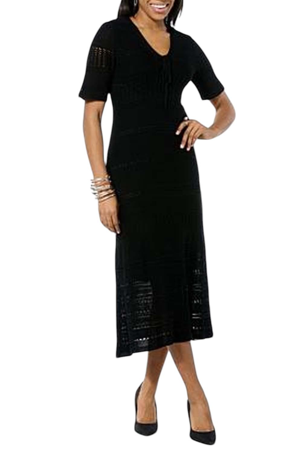 Nina Leonard Women’s Crochet Knit Elbow Sleeve ALine Midi Dress Black