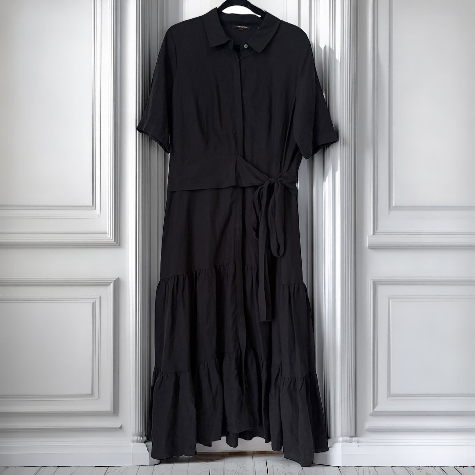 Kobi Halperin Tiered Linen Blend Wrap Shirt Maxi Dress Black XL Collared