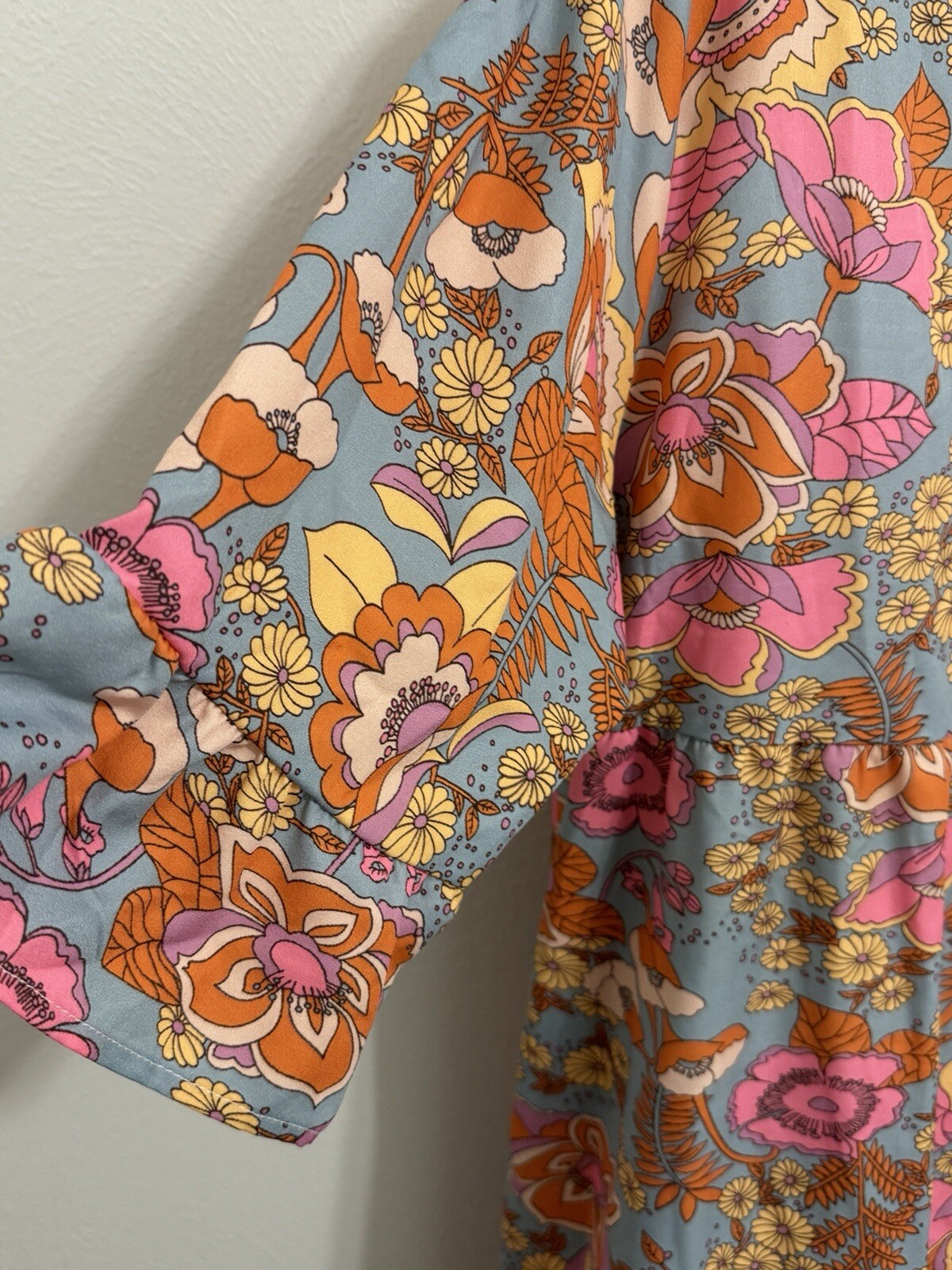 60s style dress womens XXL blue with pink flowers V-neck polyester (T1650D)