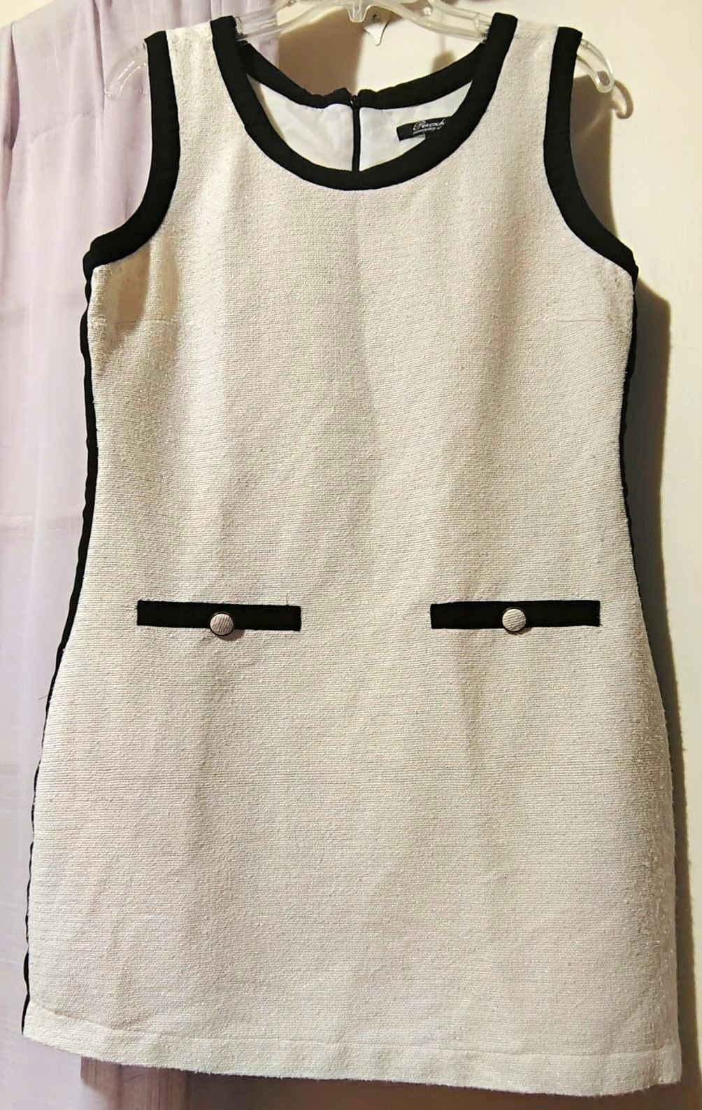 Peacocks Women’s 14 White/Black Sleeveless Crew Neck Shift Dress Button Short