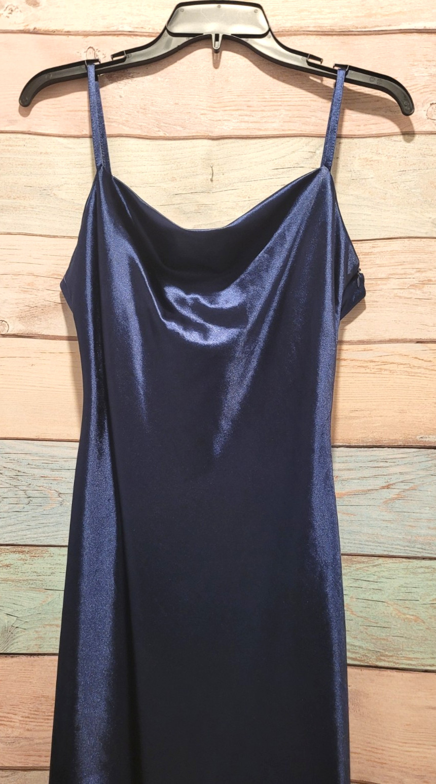 Women’s Navy Blue Satin Slip Dress Spaghetti Straps Midi Formal Party Size S