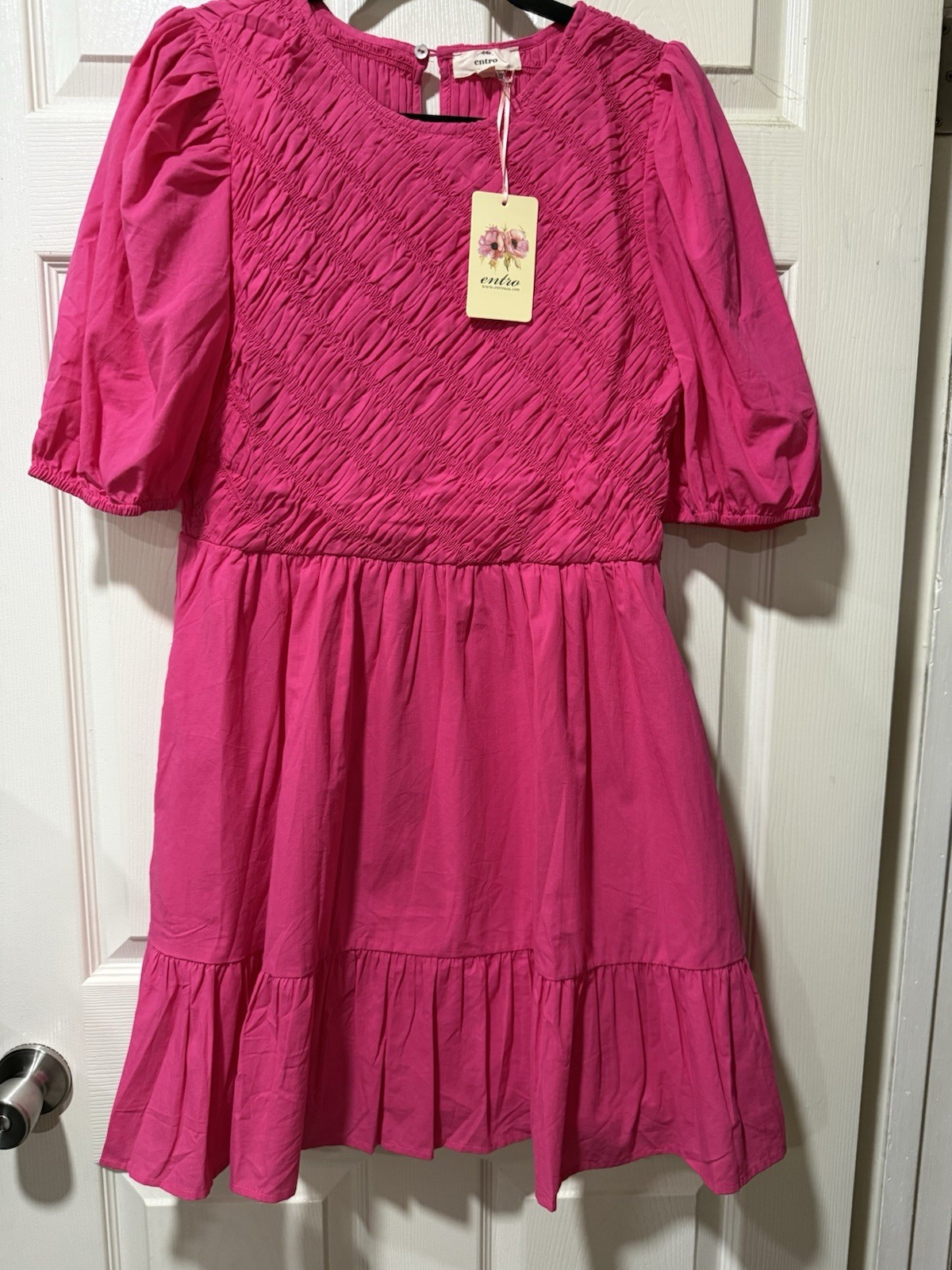 Entro Pink Solid Babydoll Dress L 3/4 Puff Sleeve, Smocked topped