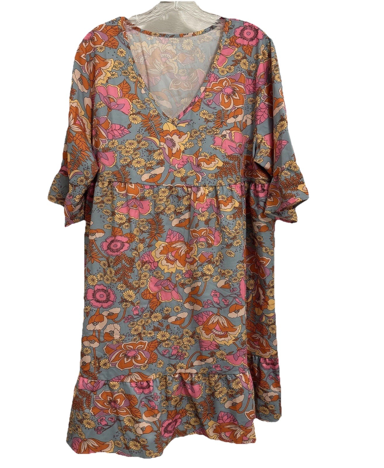 60s style dress womens XXL blue with pink flowers V-neck polyester (T1650D)