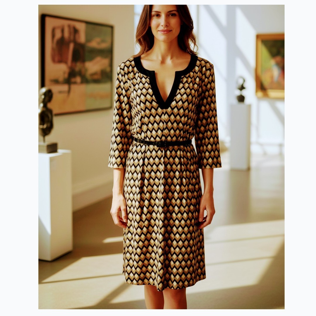 Emma & Michele Knee Length dress Abstract Print in Black Brown Tan Sz. XL