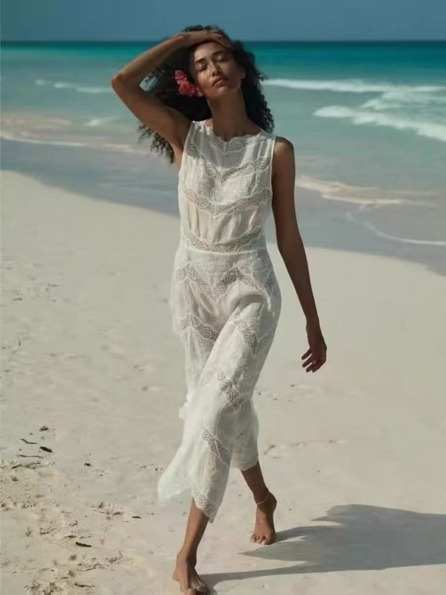 French DOen Ramie Lace Splicing Sleeveless Dress