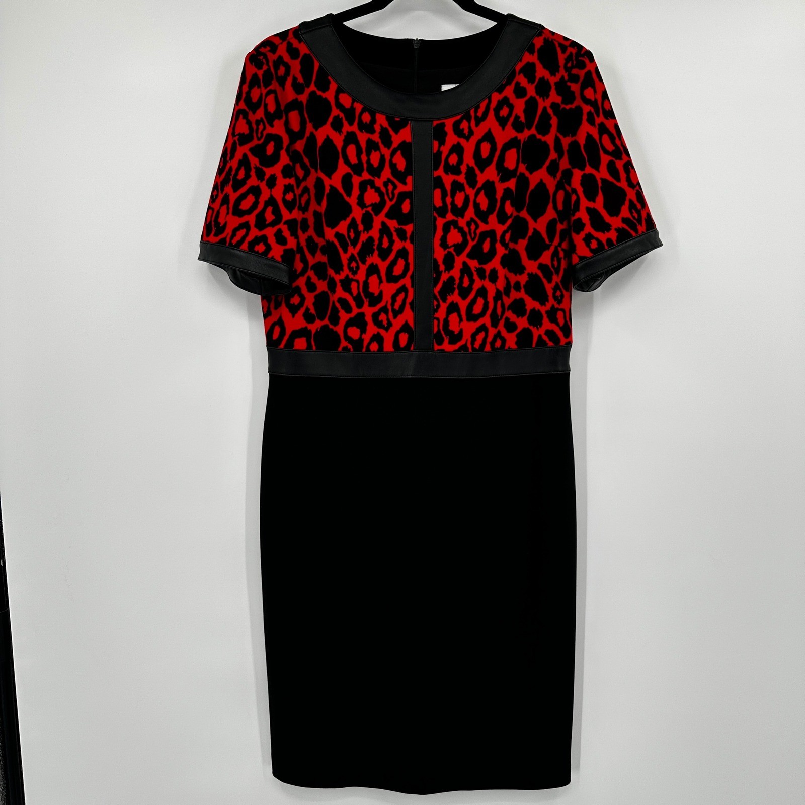 Joseph Ribkoff Red Black Leopard Print Faux Leather Trim Sheath Dress 12 Bold