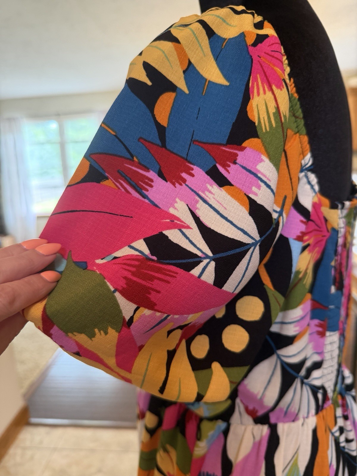 Maia Dress Multicolor Floral Midi A-Line Square Neck Smocked Puff Sleeve 8
