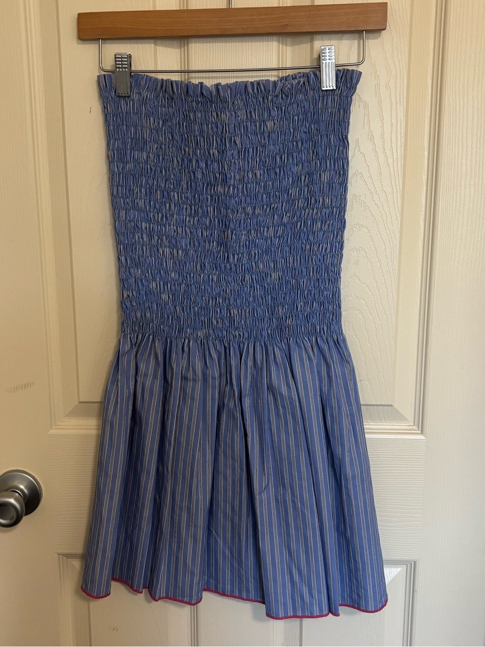 Loyd Ford Palm Springs Striped Smocked Dress Blue Pink Trim