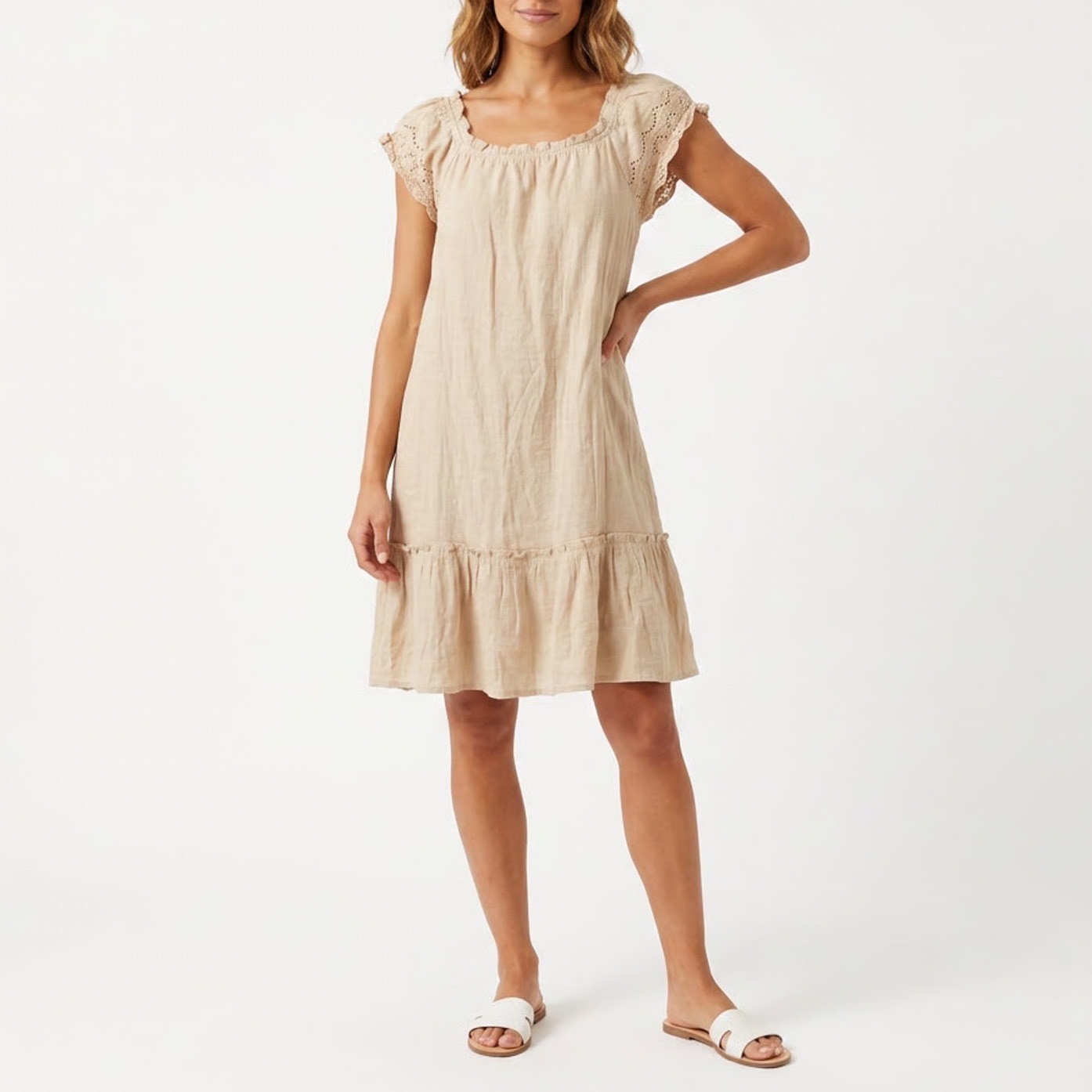 Indigo Rose Beige Eyelet Lace Cap Sleeve Ruffle Hem Boho Mini Dress Womens