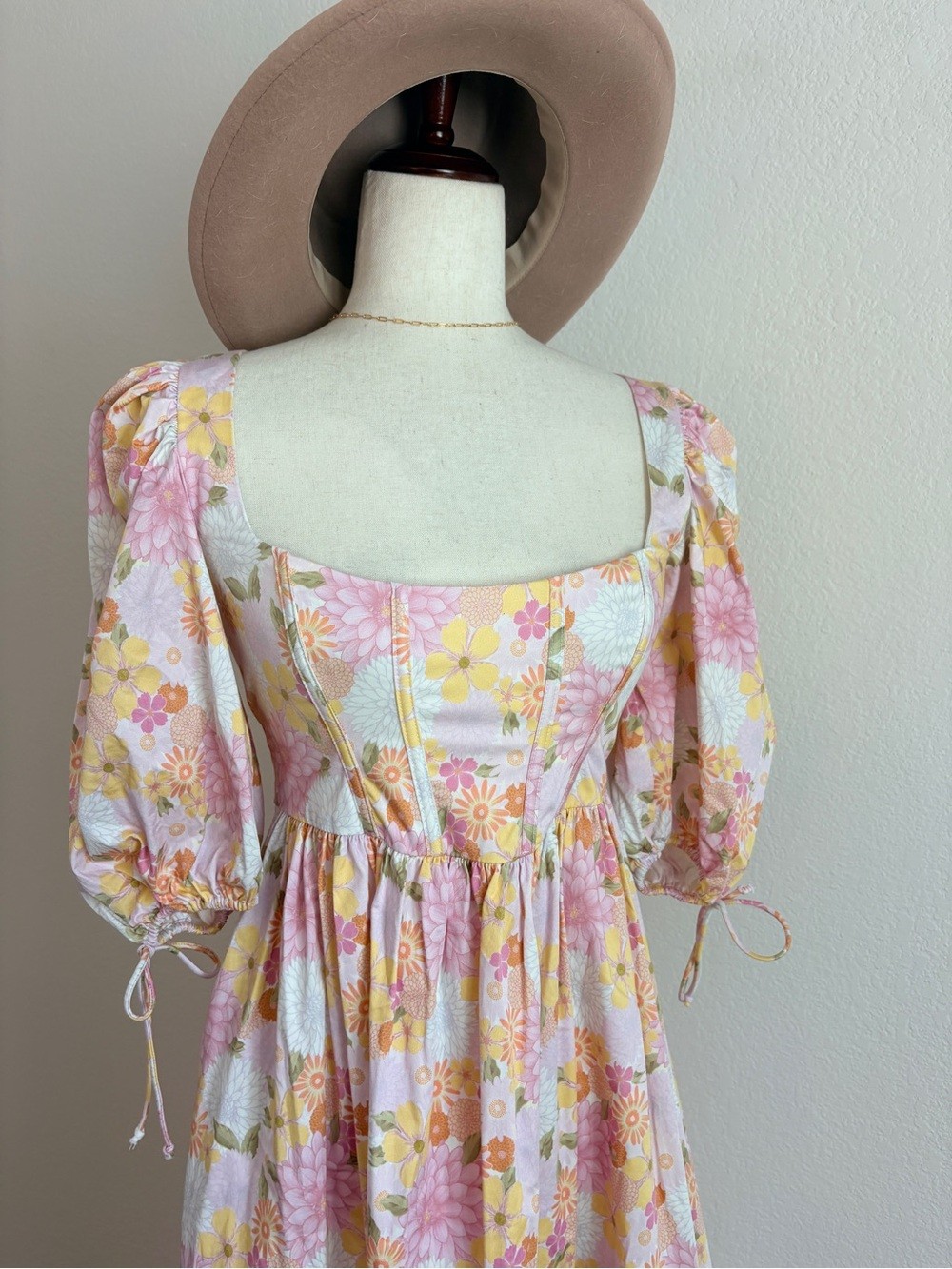 For Love and Lemons Carrie Floral Square-Neck Pink Puff-Sleeve Midi Dress