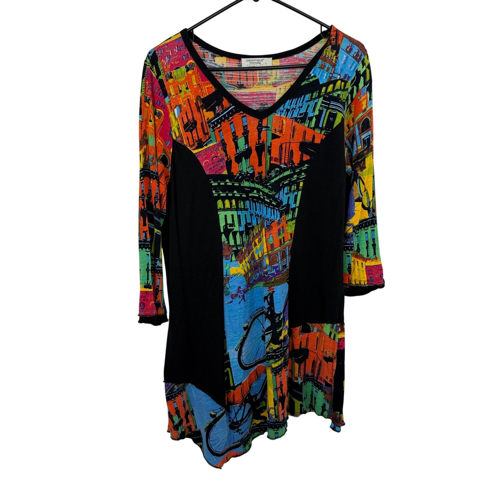 Orientique Tunic Womens Large Black Multi City Scene Print V-Neck 3/4 Sleeve Art