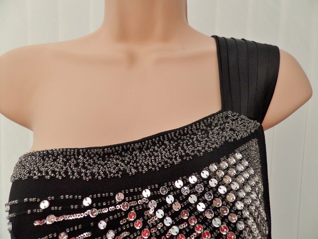 MONSOON GATSBY BLACK SILK CHIFFON 1-SHOULDER SEQUIN 20’S DRESS 12 £160 BNWT