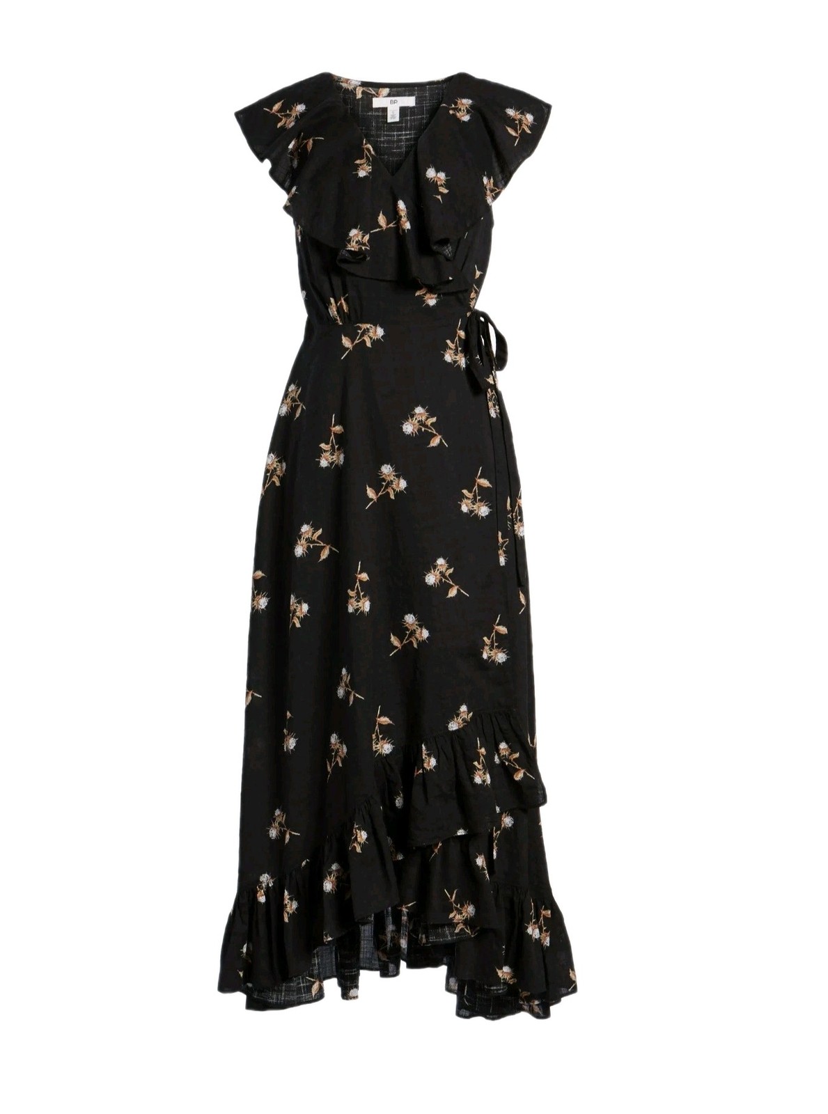 BP Maxi Dress Womens XXS Black Floral Sleeveless Ruffle Tie Front Waist Hi-Lo