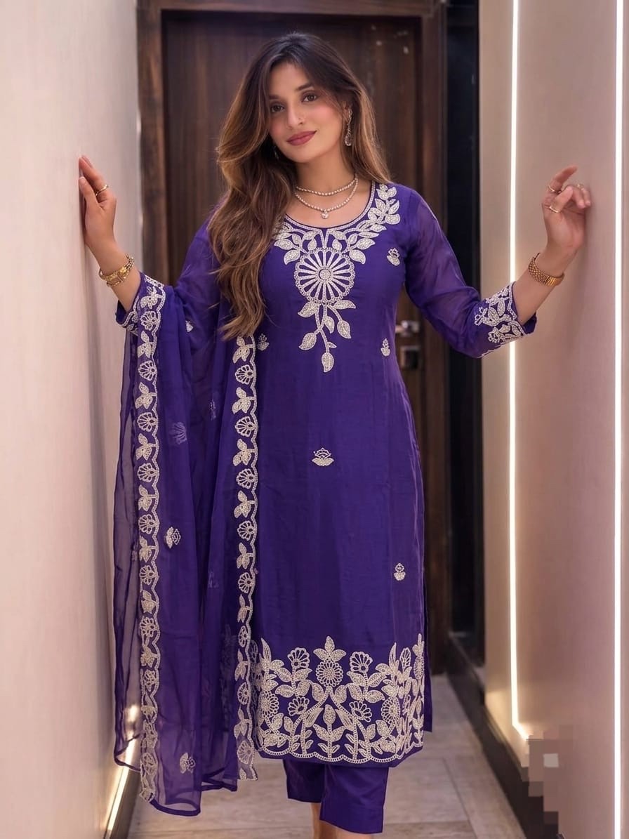 INDIAN PAKISTANI SALWAR KAMEEZ WOMEN PARTY WEAR SILK KURTI PANT DUPATTA SUIT SET