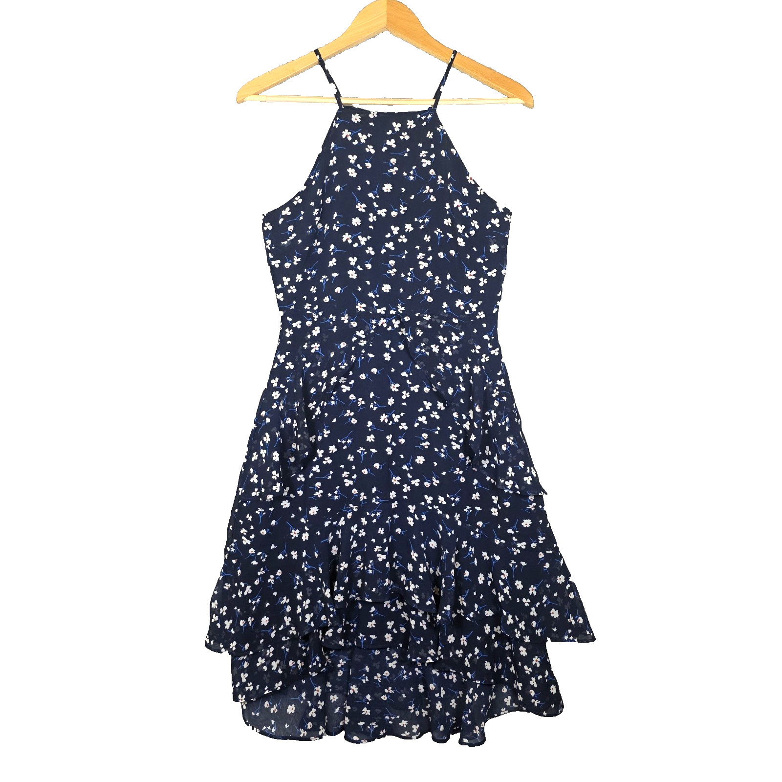 Banana Republic Chiffon Floral Strappy Tiered Ruffle Dress Navy Blue Daisy 2