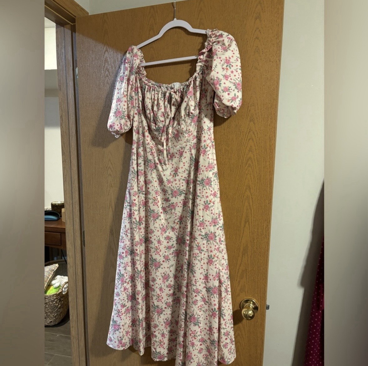 Floral Milkmaid cottagecore girlhoodcore ballet core pink & cream midi dress XL