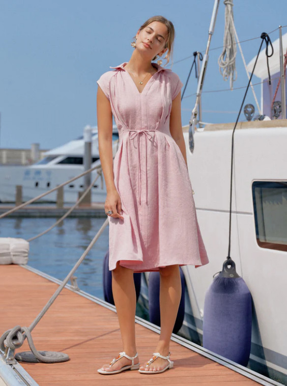 OGL Viscose-Linen Collared V-neck Midi Dress with Drawstring Pick Color/Size NWT