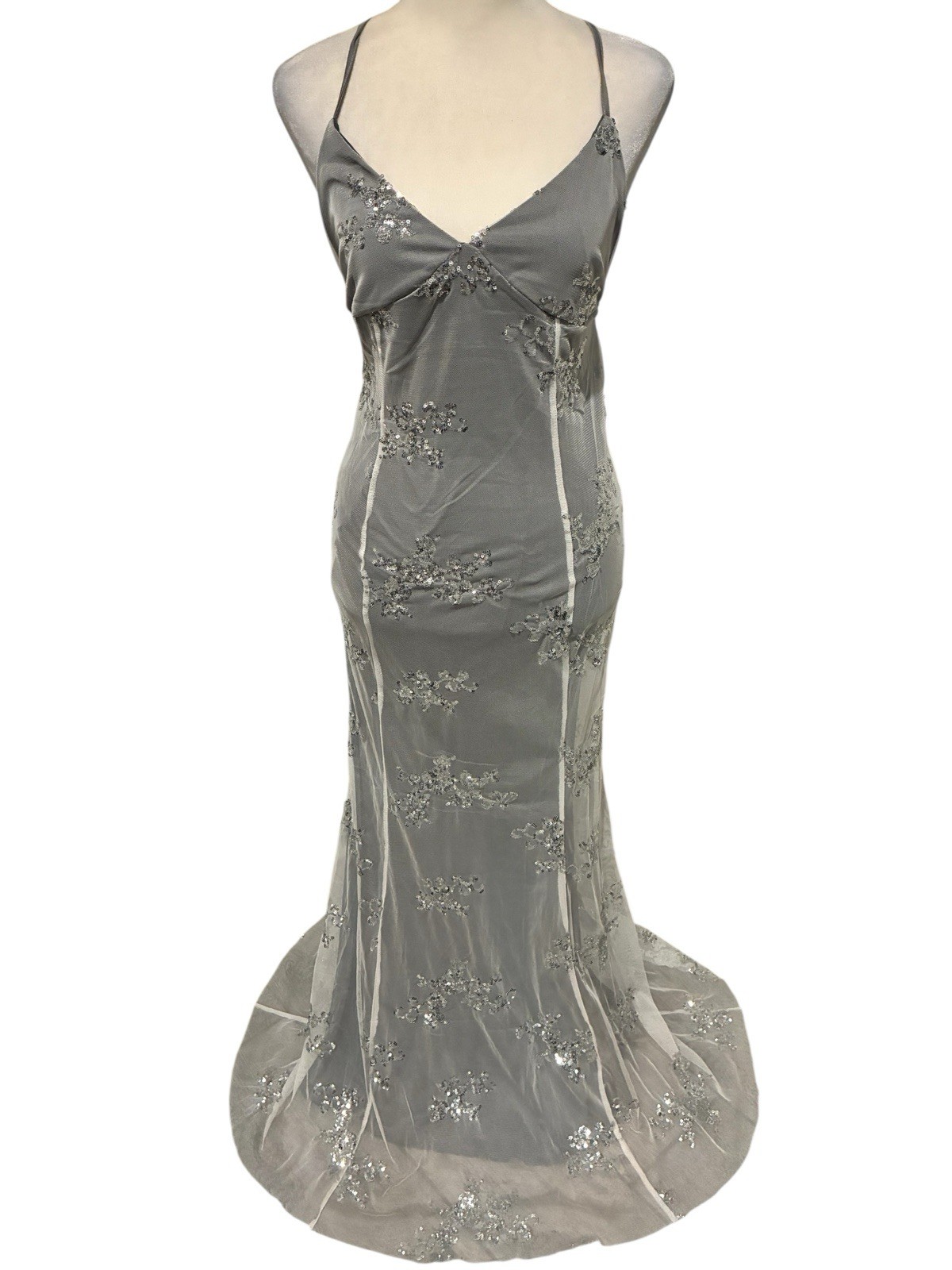Elegant Slate/Light Grey Backless Dress Detailed w/Sequins BRAND NEW NEVER WORN