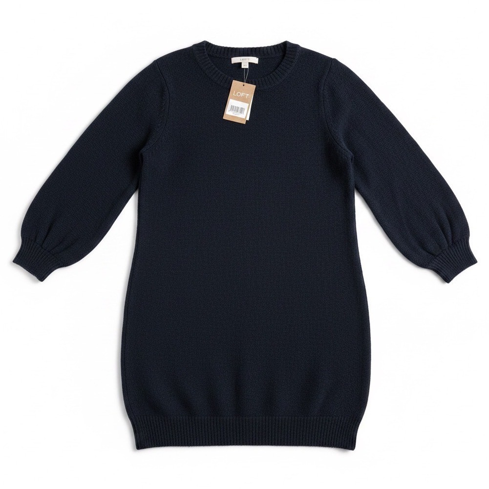 Loft Navy Blue Knit Sweater Dress Crew Neck Puff Long Sleeve Mini NWT Size L