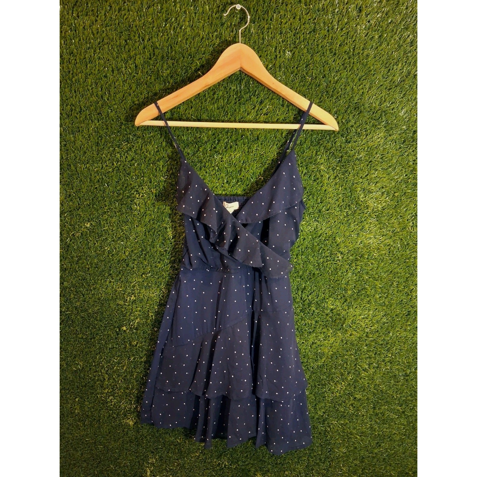 Japna Navy Blue Polka Dot Romper Dress Size M Ruffle Faux Wrap Tiered Bachelor