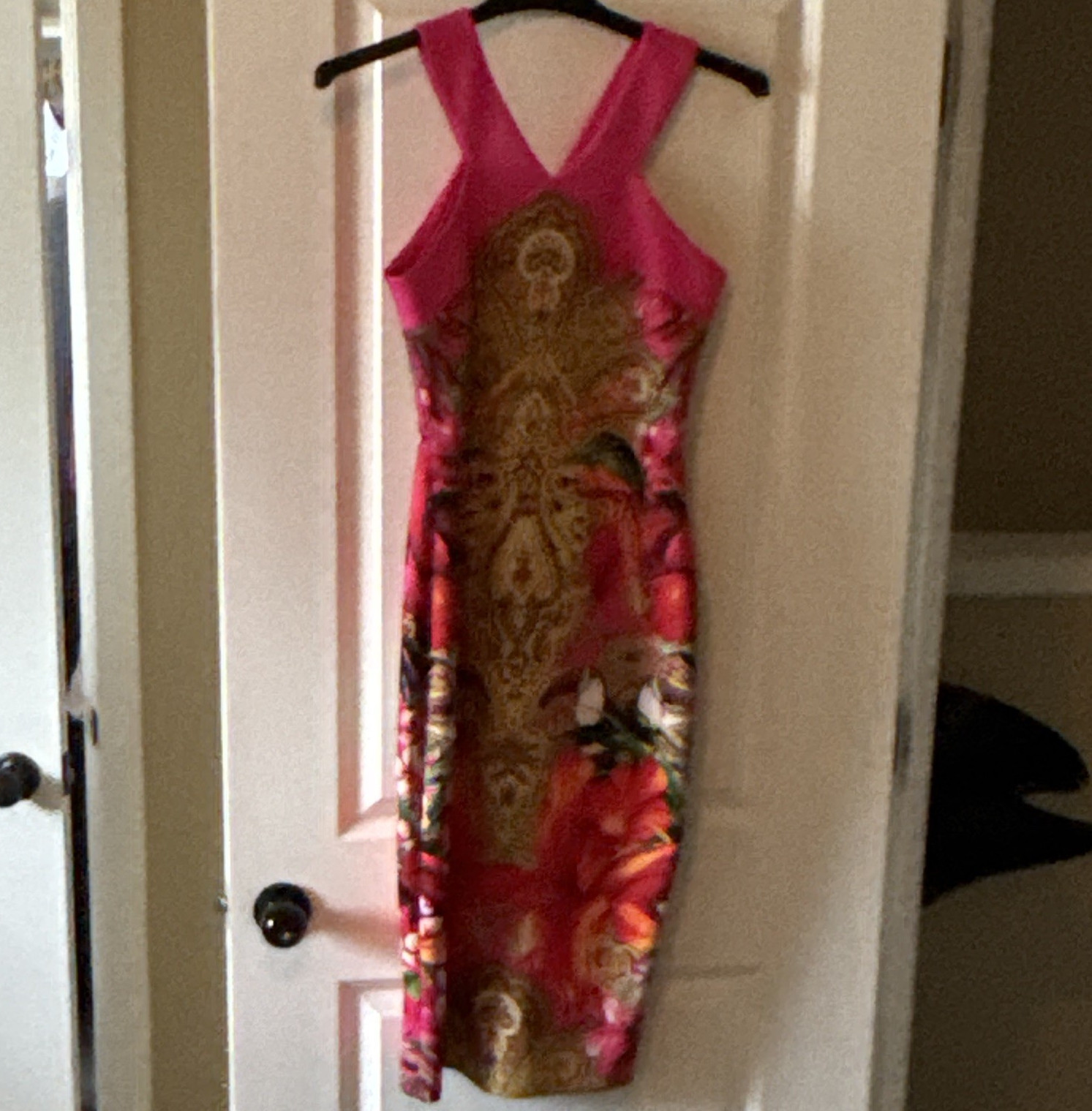 Ted Baker Pink Floral V-Neck Sleeveless Satin Sheath Knee Dress Zip Size 3