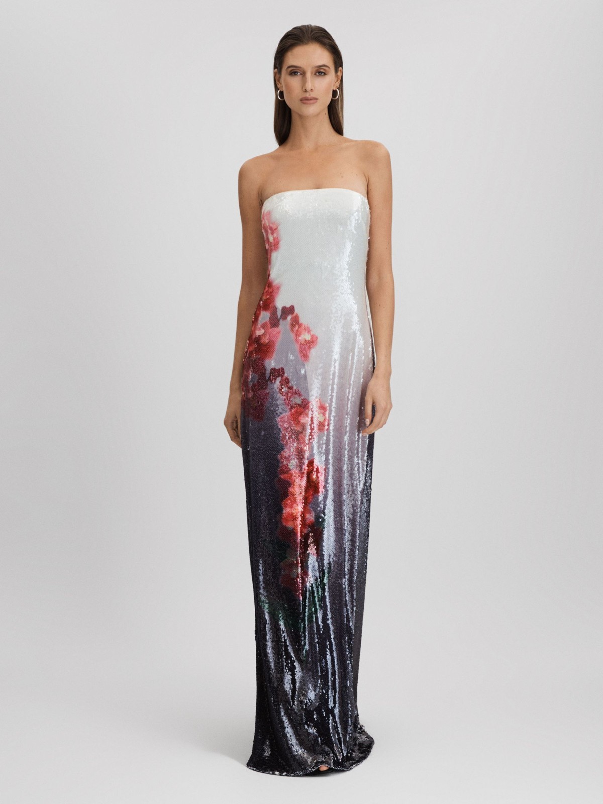 REISS Spencer Halston Sequin Strapless Maxi Dress in Grey Multi in UK Size 6