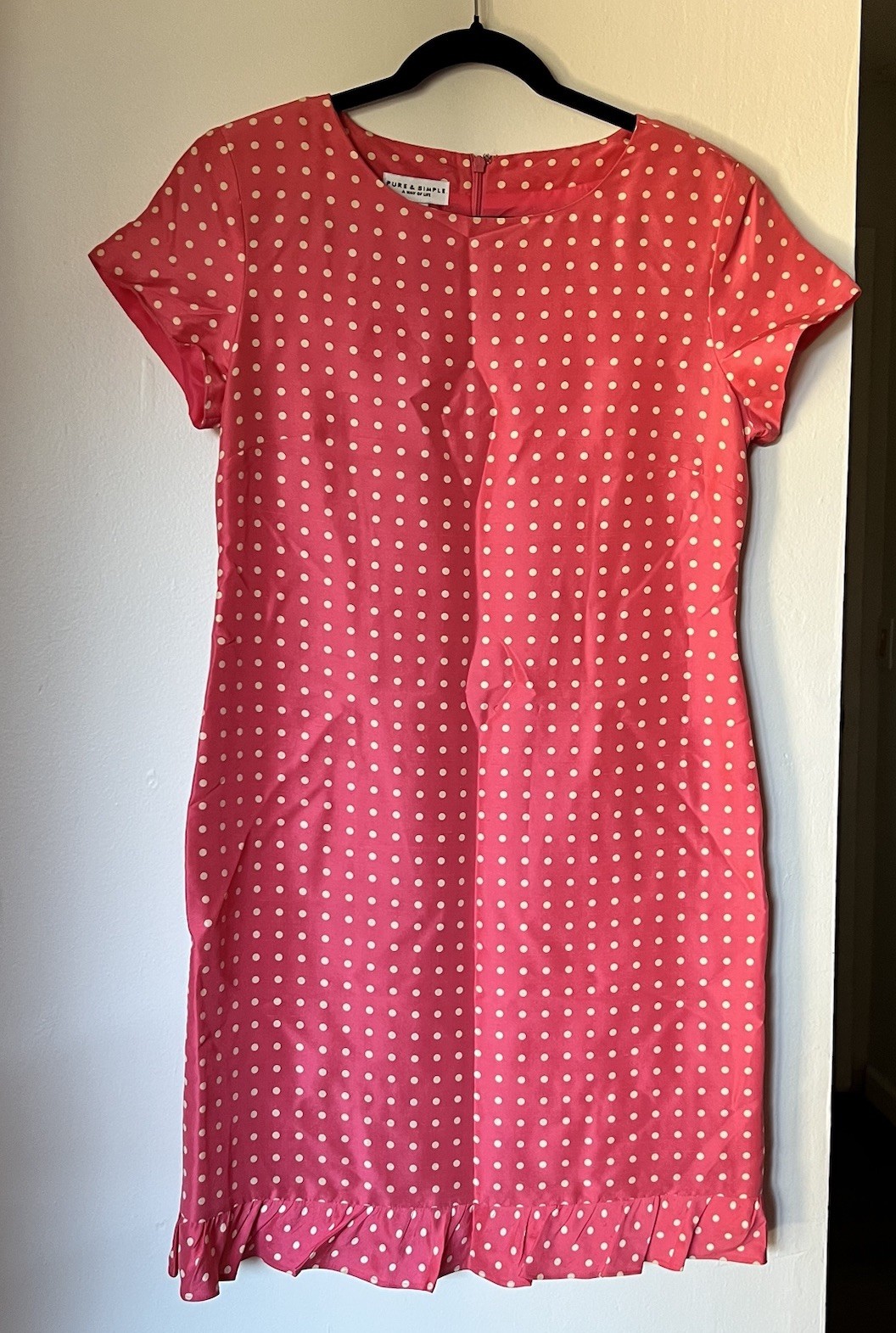 Pure & Simple 100% Silk Pink White Polka Dot Ruffle Hem Short Sleeve Dress Sz 8