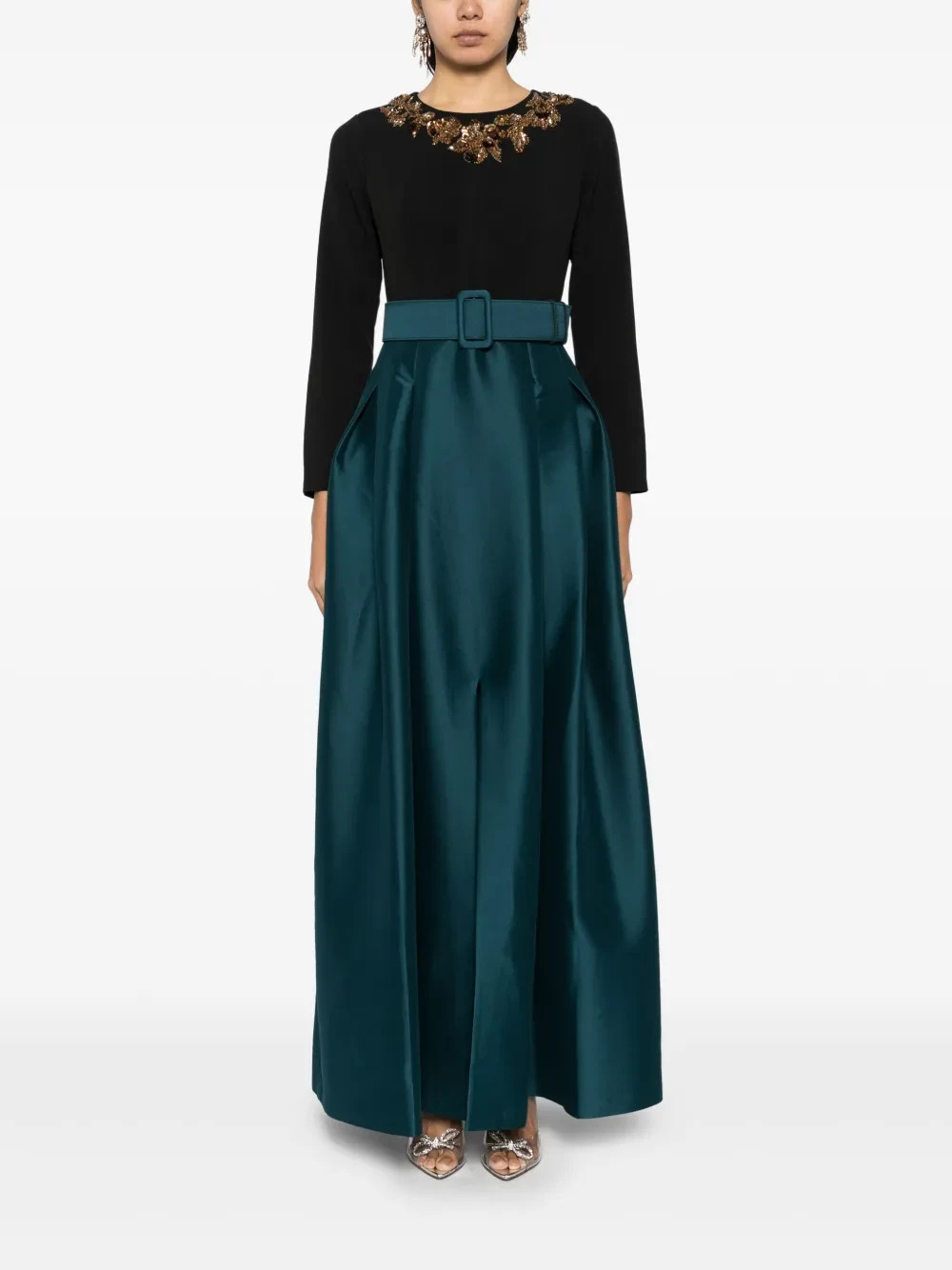 Sachin & Babi Black Bottle Green Victoria Crystal Embellished Gown Size 6 $1095