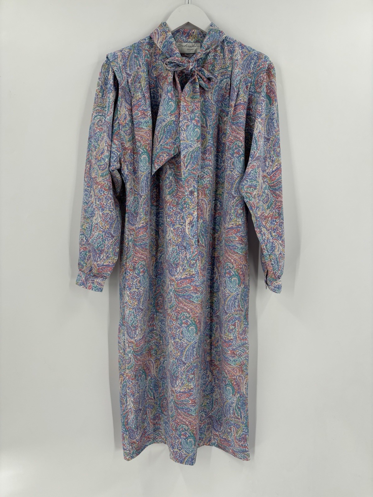 Schrader Vintage Dress Womens 12 Blue Pink Belted Paisley Pussybow Midi Colorful