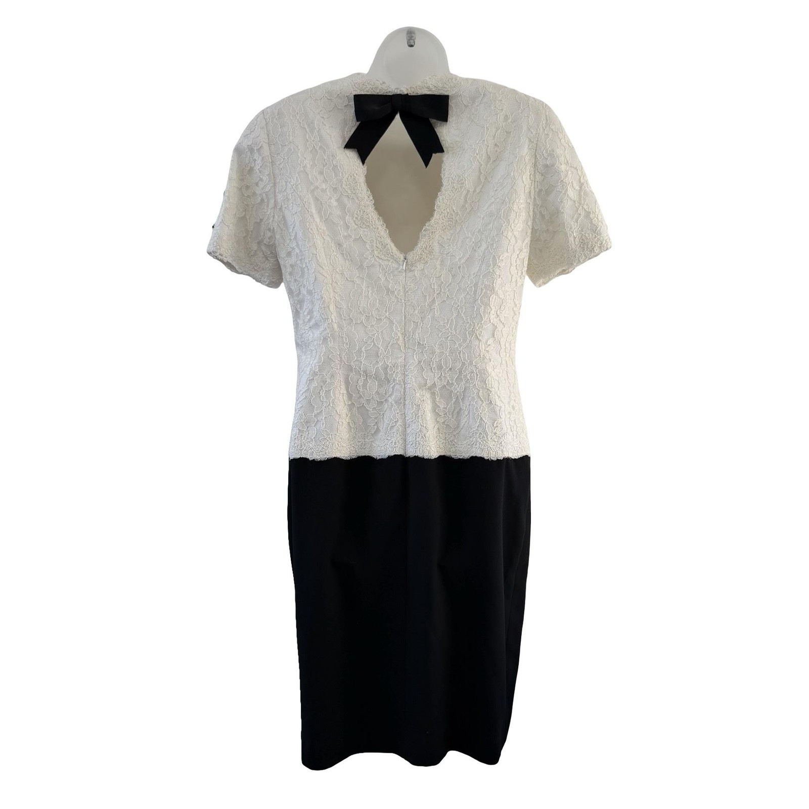 Vintage Bill Blass Evening Dress Womens 10 White Lace Black Bow Open Back 90s