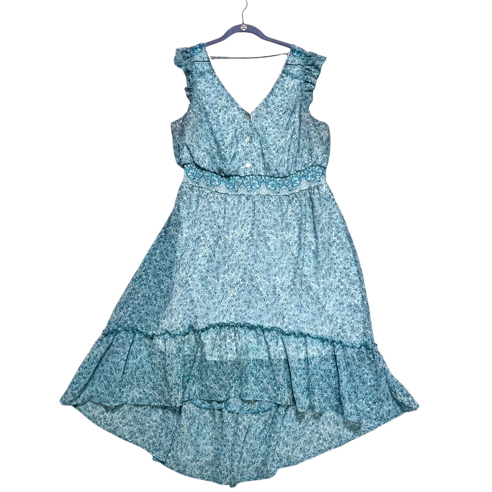 Luxology High Low Midi Dress Womens 0X Teal Floral Boho Ruffle Fairy Cottagecore