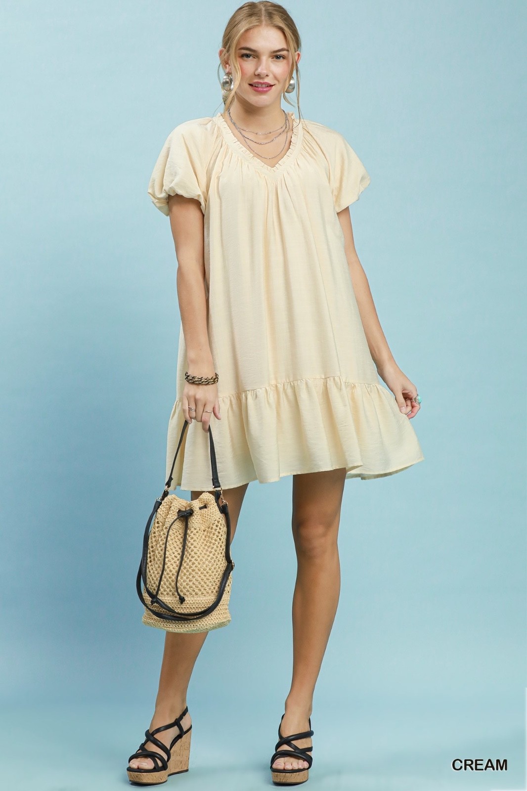 Umgee Ruffle Hem Shift Mini Dress Cream V Neck Boho Babydoll Women’s NWT
