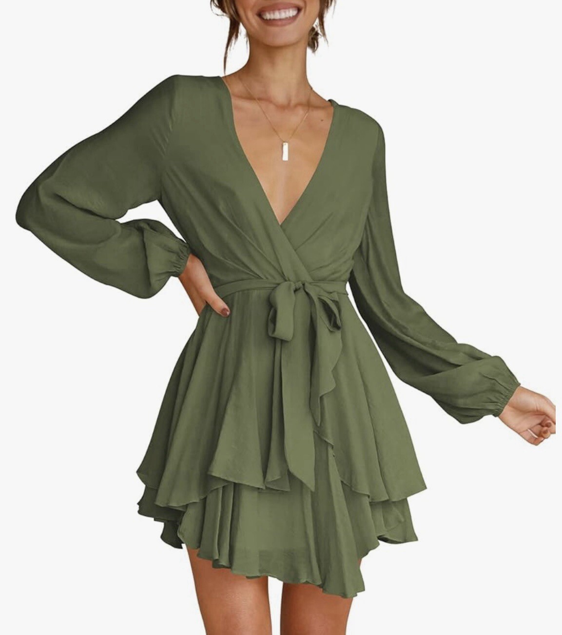 Womens 2XL NEW Dress Mini Green Deep V-Neck Long Sleeve Waist Tie Ruffle