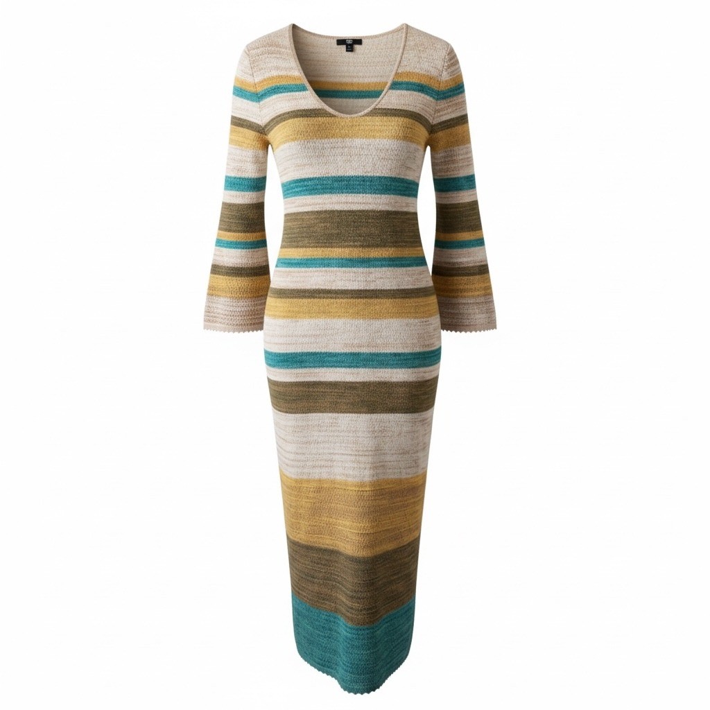 Frye Knit Midi Dress Womens XL Multicolor Striped Long Bell Sleeve Scoop Neck