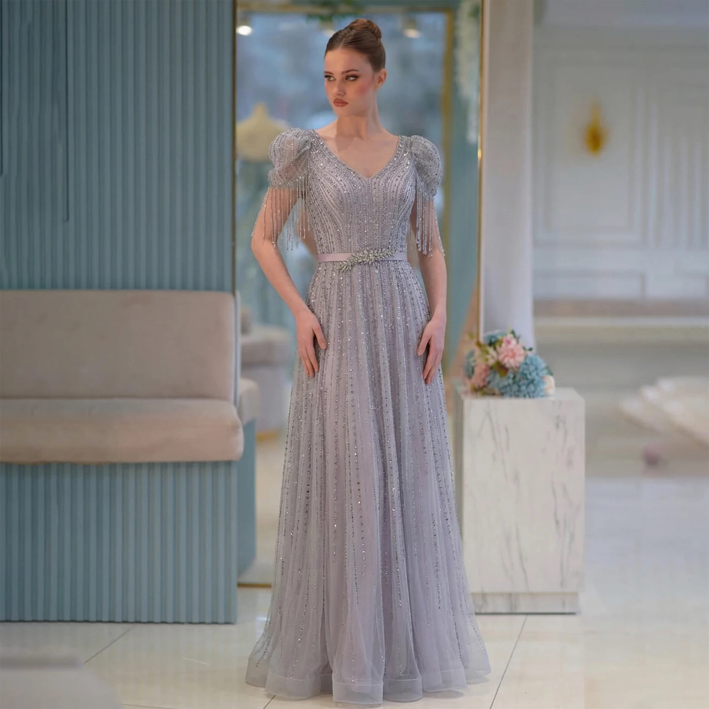 Luxury Beaded Evening Dress with Bubble Sleeves A-line Dubai Prom Lace Ball Gown