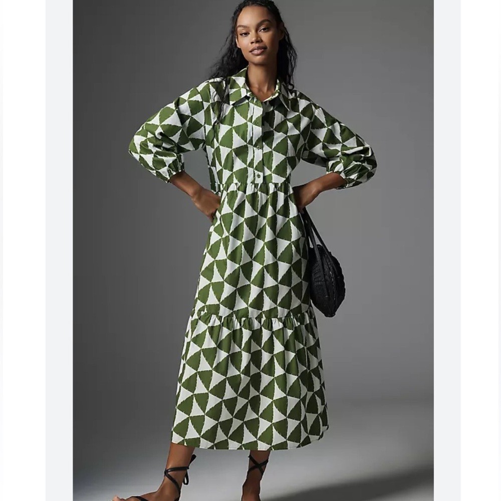 The Bettina Tiered Shirt Dress by Maeve Color: Green & White Triangles