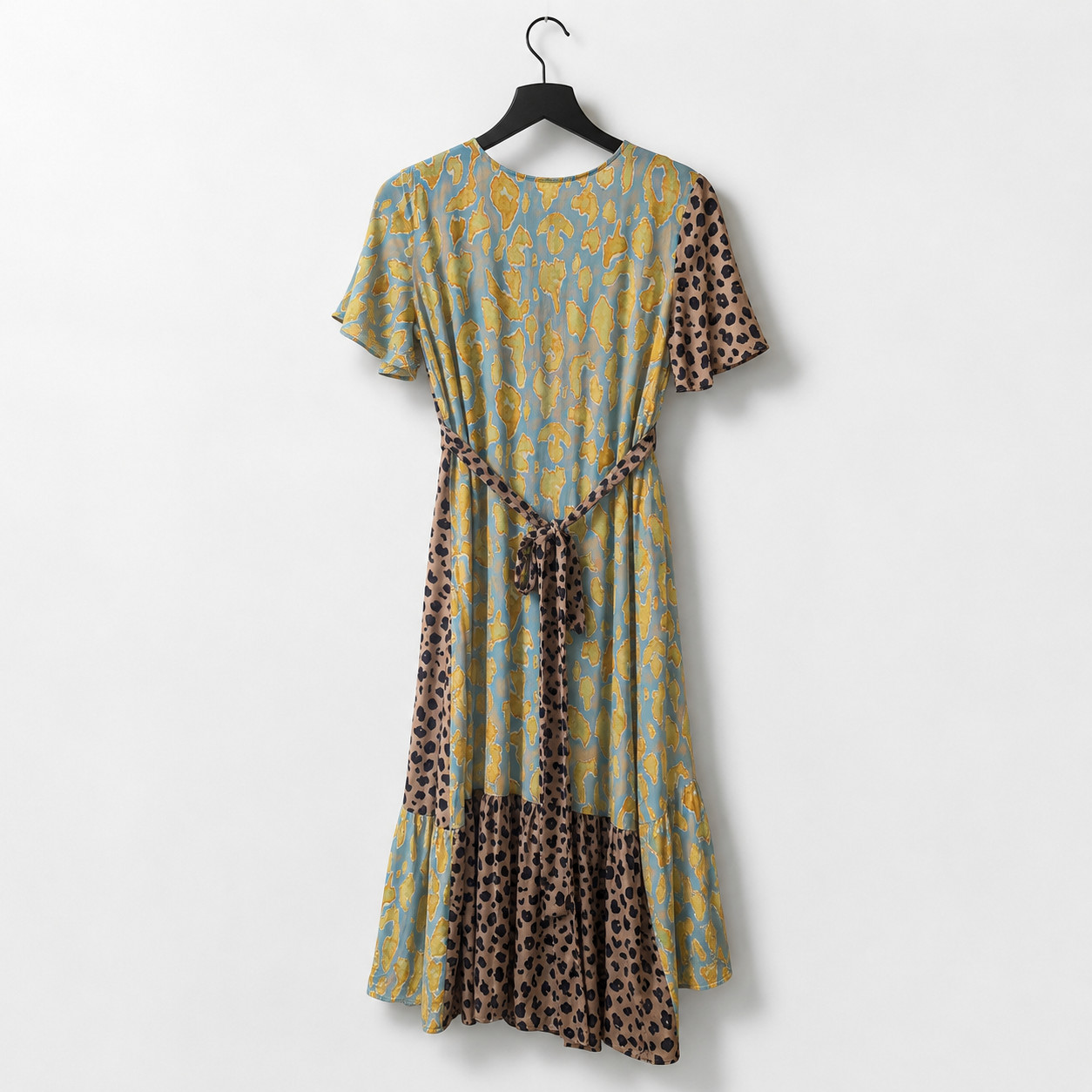 Never Fully Dressed Mixed Leopard Print Ruffle Wrap Midi Dress