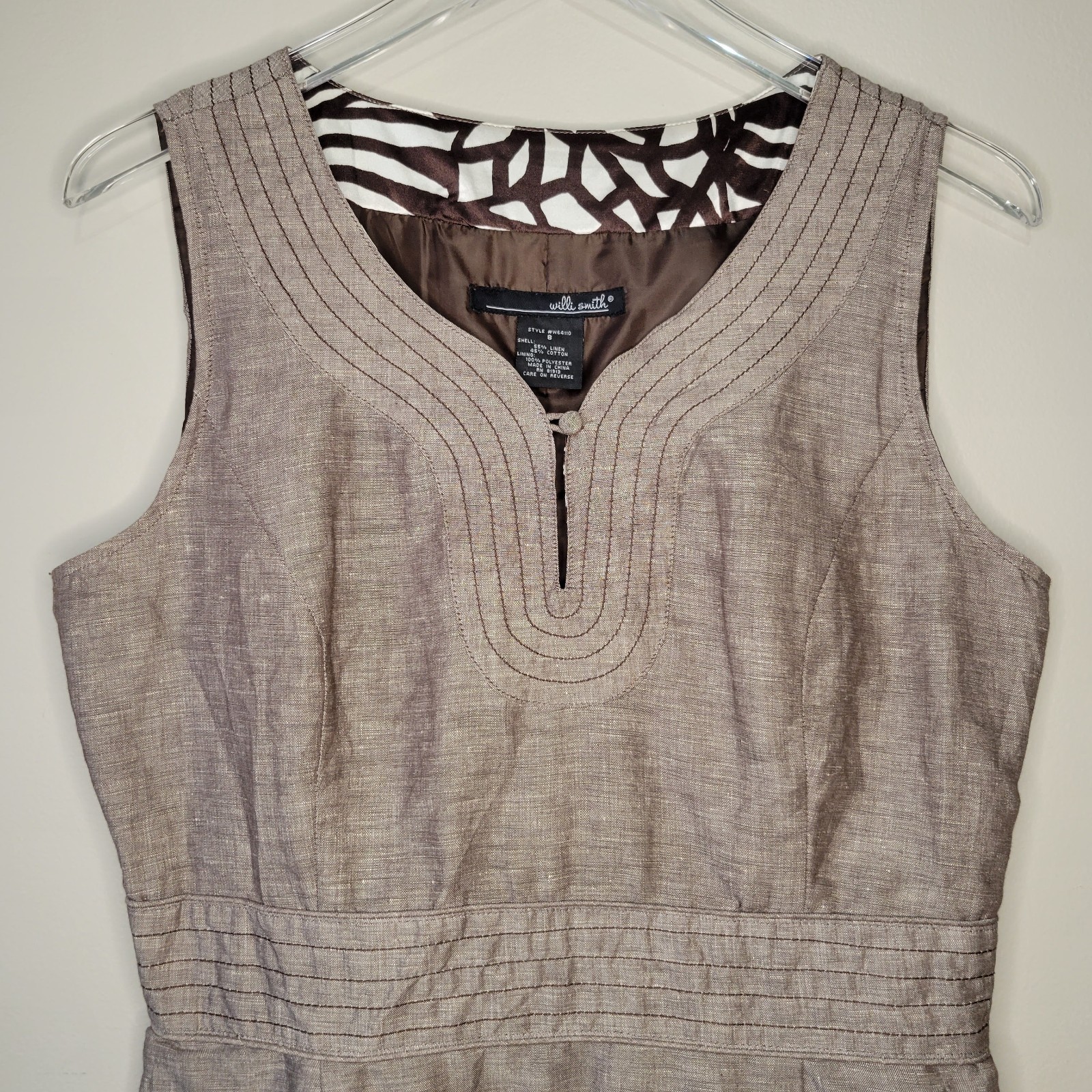 Willi Smith Sleeveless A-line Brown Dress Size 8 Women Business Linen Blend