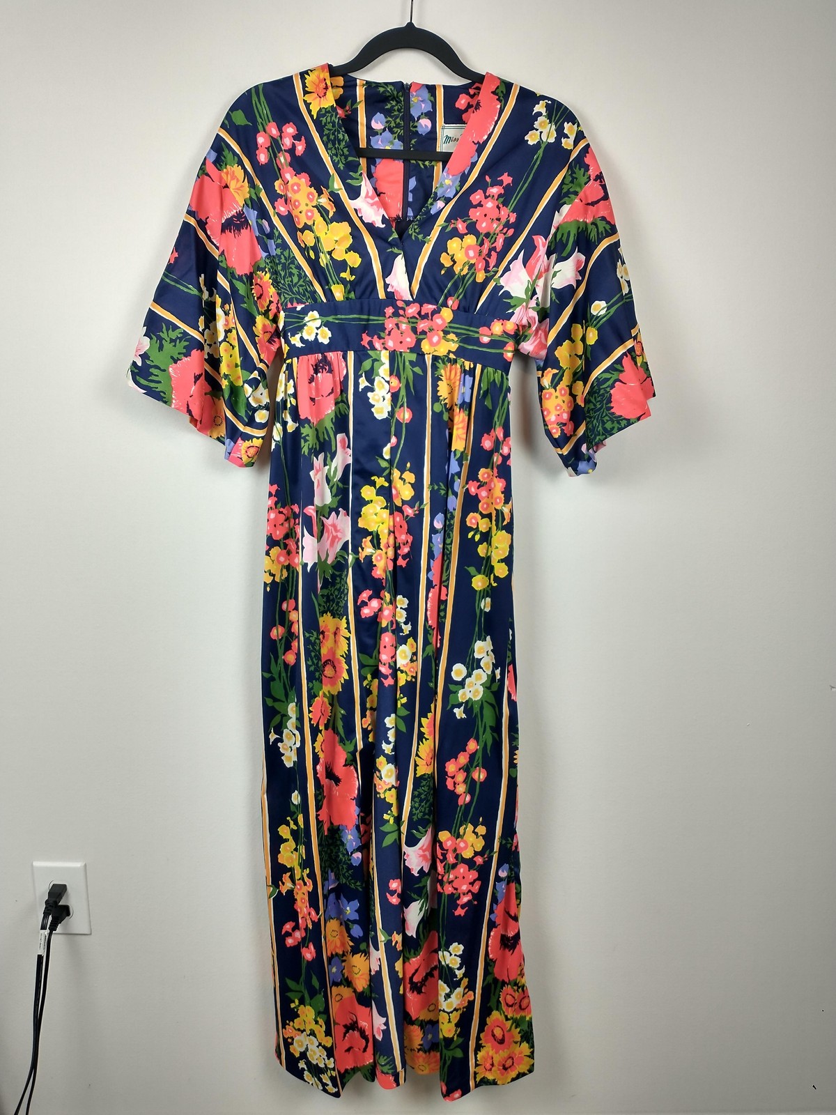 Vintage Miss Bierner Dress Womens 8 Floral 60s 70s Nylon Maxi Kimono Sleeve Boho
