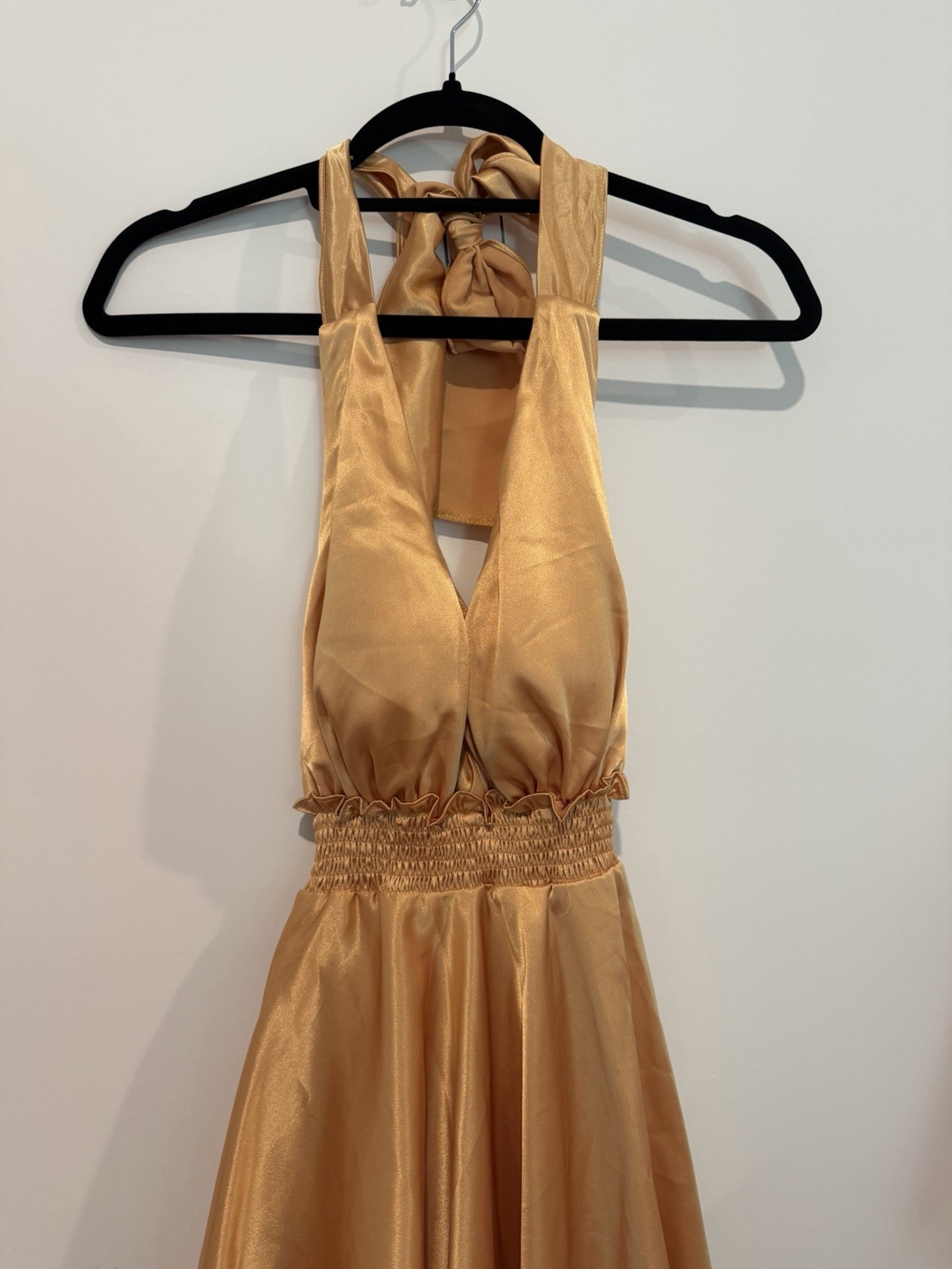 Gold Solid Satin A-Line Short Dress Halter Neck Sleeveless Backless Tie Size M/L