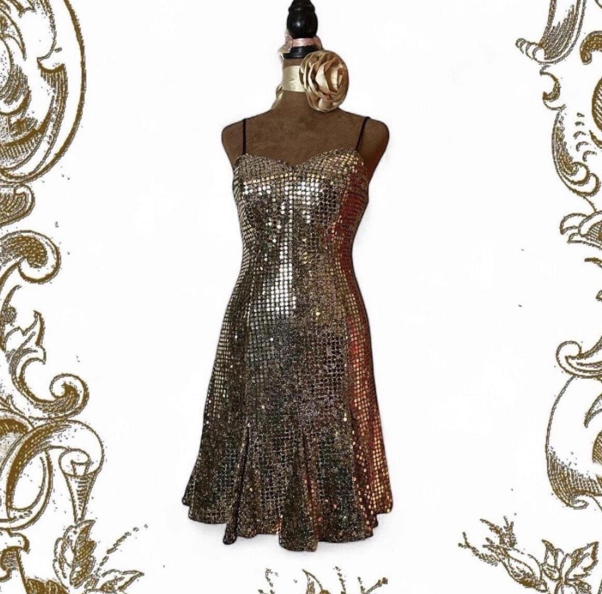 Roberta Gold Disk Sequins Flared Mini Dress 5/6 Vintage 80s 90s Party Prom Glam