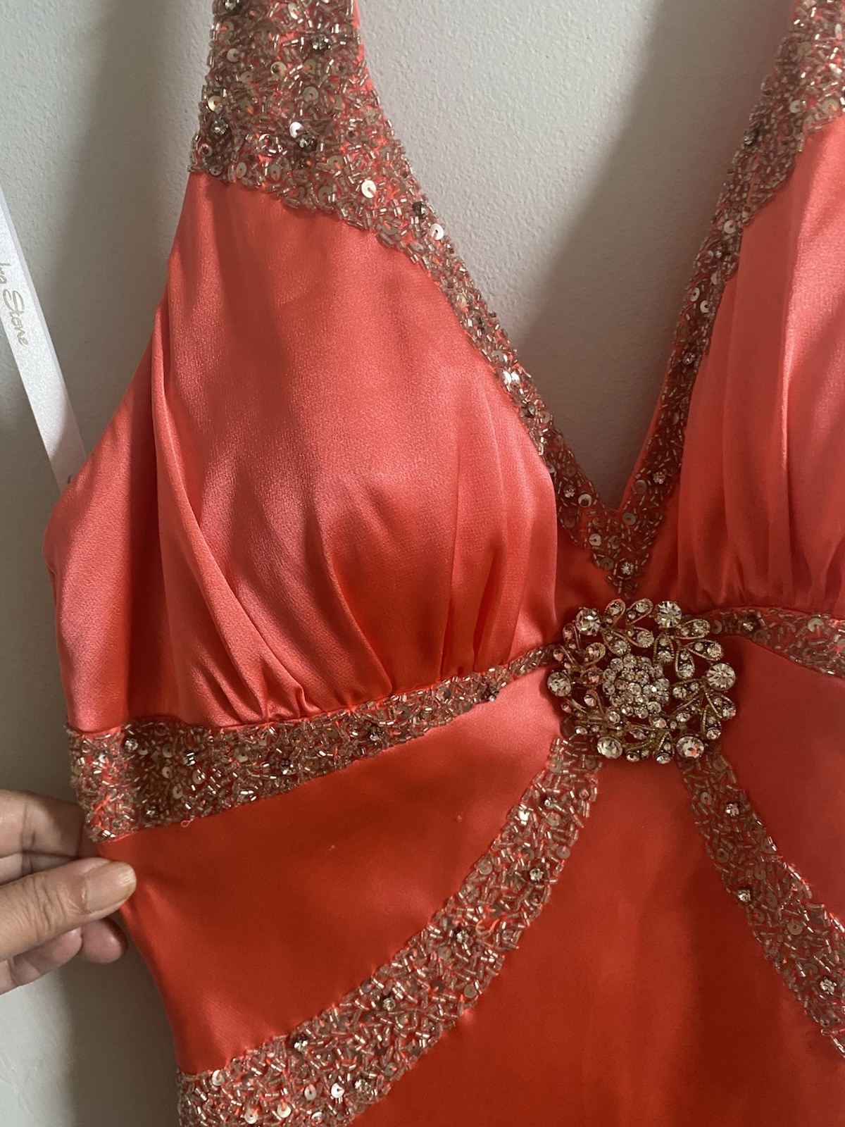 Cassandra Stone Coral Beaded Sequin Halter Gown Dress Satin Maxi Size 4