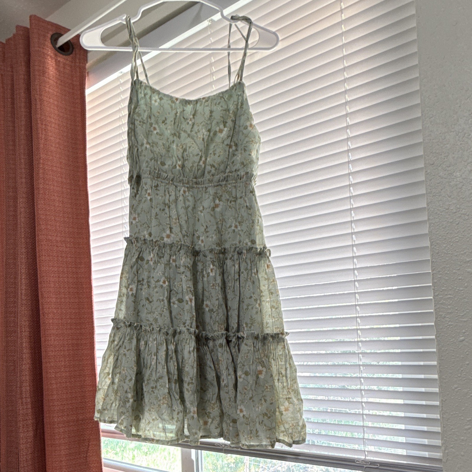 Women’s Green Floral Chiffon Tiered Ruffle Sundress Spaghetti Strap Size S
