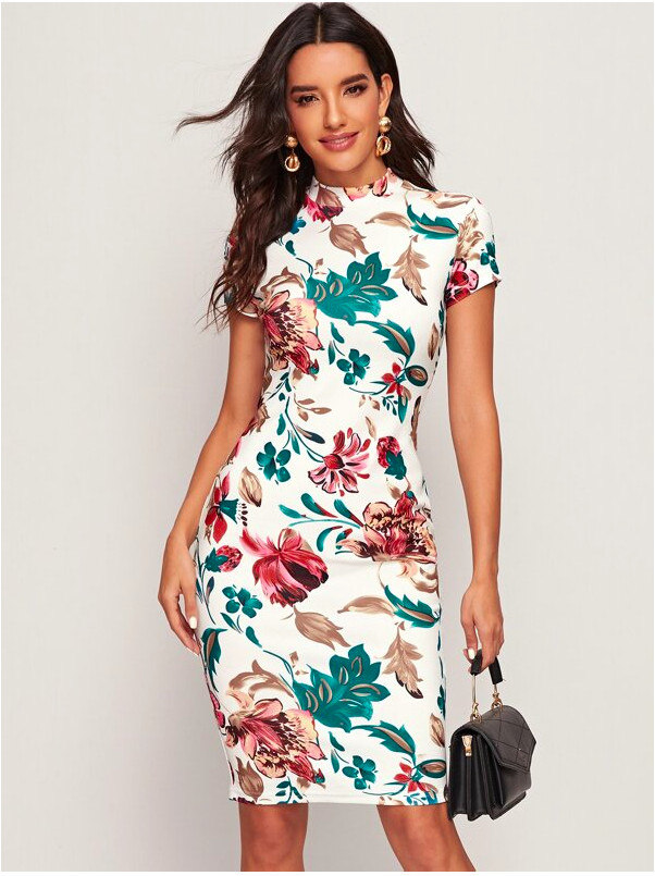 Multicolor Mock-Neck Botanical Print Summer Bodycon Pencil Dress Sz XS S M L XL