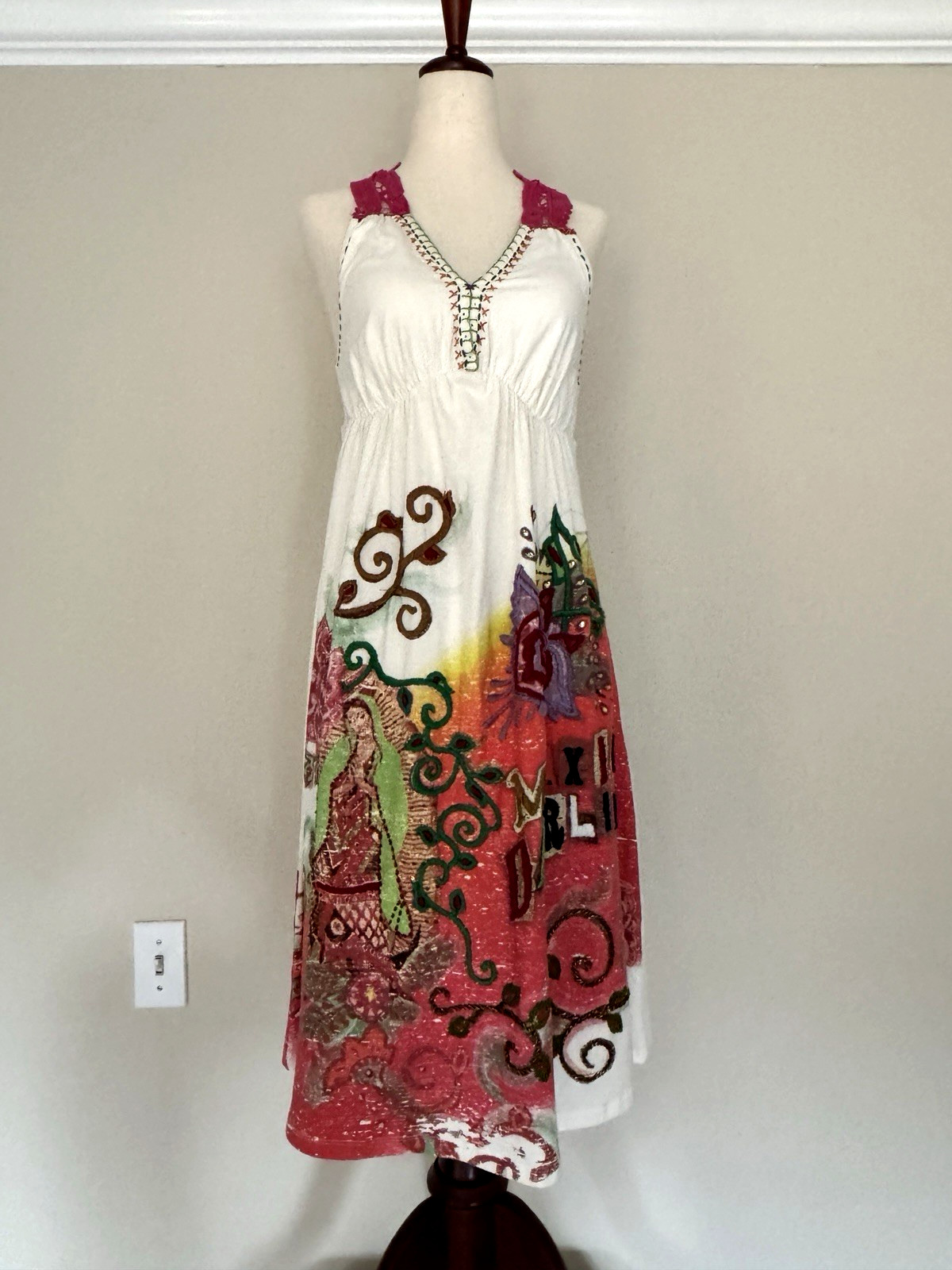 Double D Ranch Beaded Embroidery Crochet Novelty Print DRESS MEXICO Mother Mary