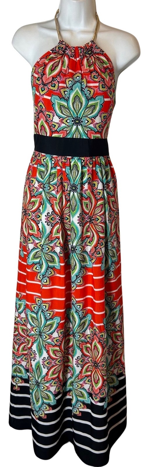 Eliza J Maxi Dress 2 XS Gold Chain Halter Dress Black White Red Green Floral